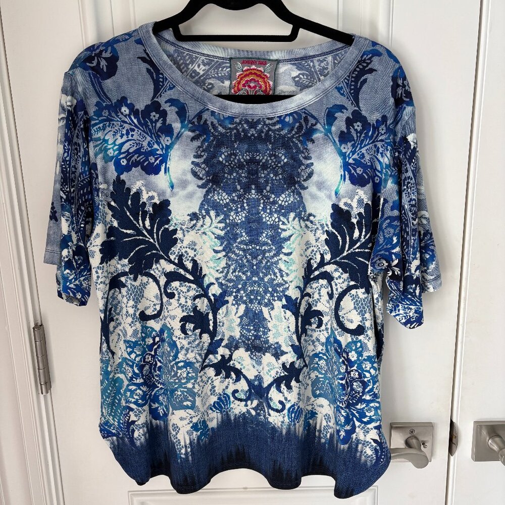 Blue and white print Johnny Was short sleeve top